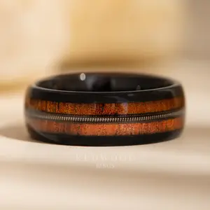 Black Tungsten Ring, Guitar String and Koa Wood Inlay - 8MM