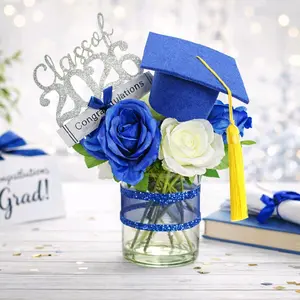 Graduation Cap Bouquet with Blue and White Roses and Class of 2026 in Clear Vase
