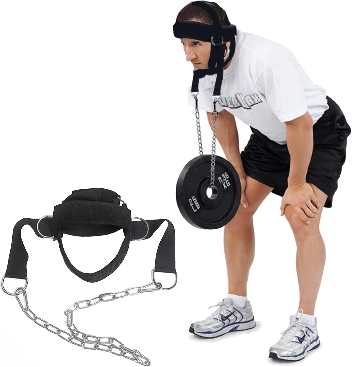 BOXING & FITNESS Weight Lifting Head Harness Padded With Adjustable Strap Neck Exercise GYM Heavy Duty Metal Chain
