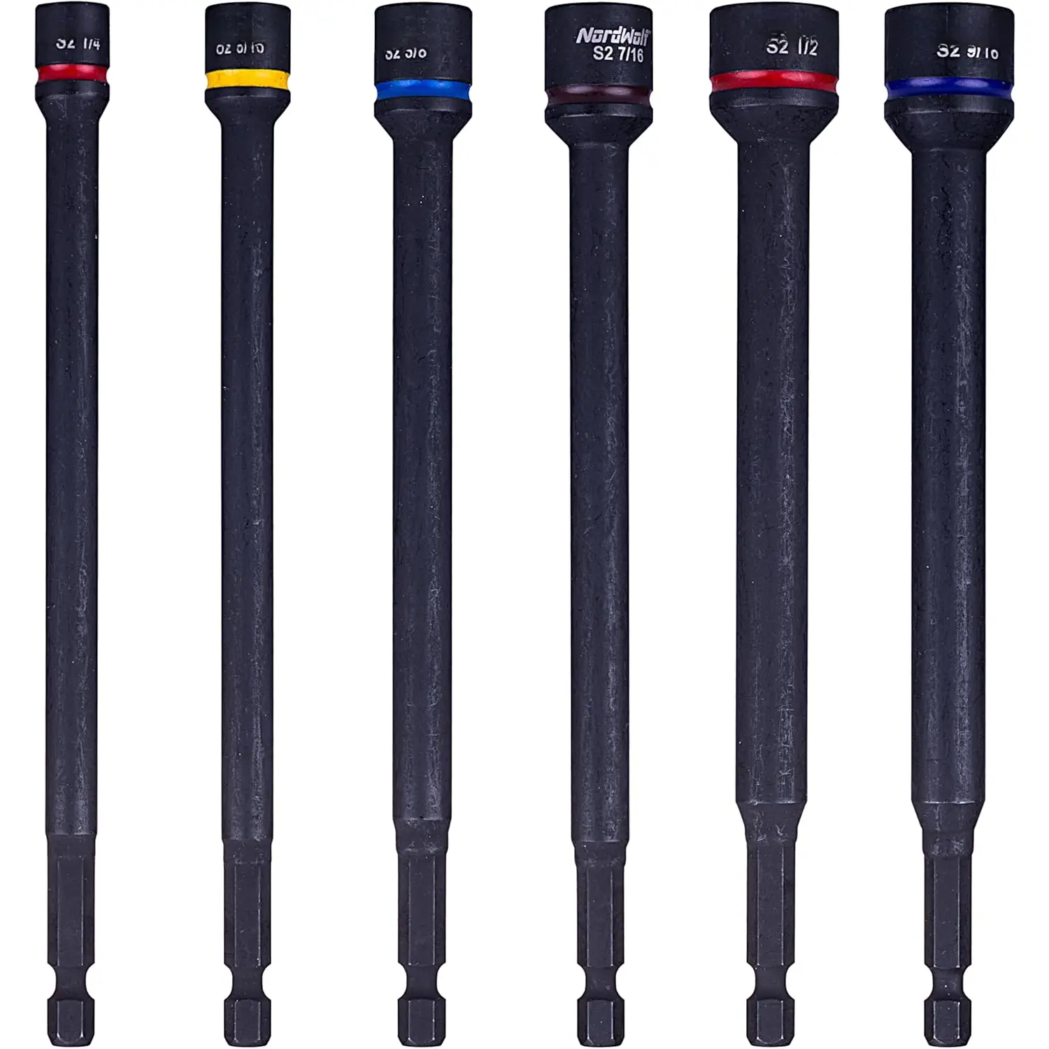 6- SAE Nut Driver Set, S2 Steel Impact  6" Nut Setters, Imperial Sizes 1/4"-5/16"-3/8"-7/16"-1/2"-9/16"