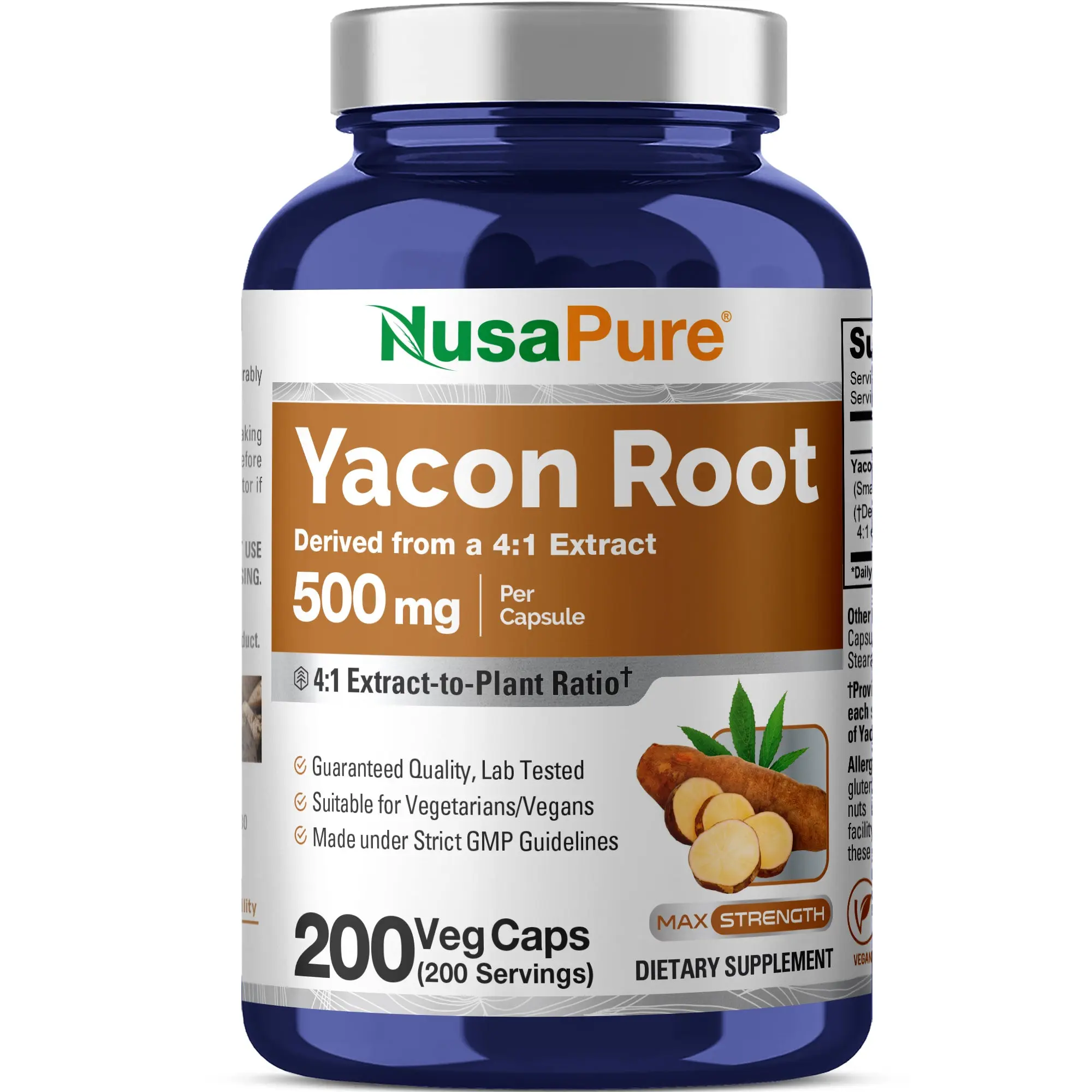 NusaPure Yacon Root Extract Dietary Supplement - 500mg, 200 Vegetarian Plant-Based GMP-Certified Capsules Vitamins Supplements, 4:1 Extract, Non-GMO, Vegan