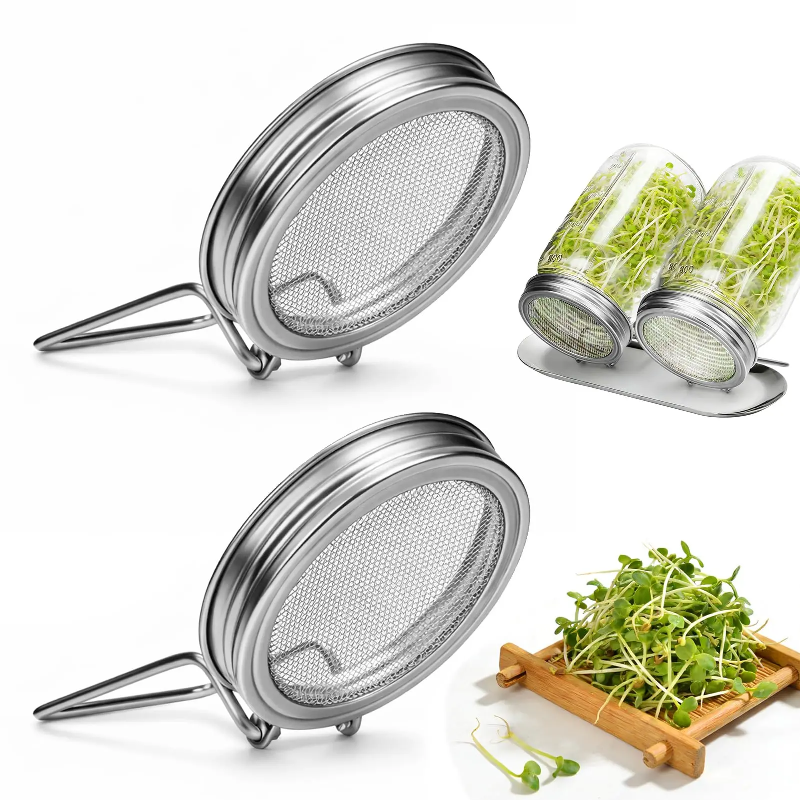 2 Pack Sprouting Lids for Wide Mouth Mason Jars – Reusable Stainless Steel Screen Bean Sprouts Growing Lid, Seed Germination Kit for Organic Alfalfa, Broccoli, Mung Bean – Dishwasher Safe, Rustproof