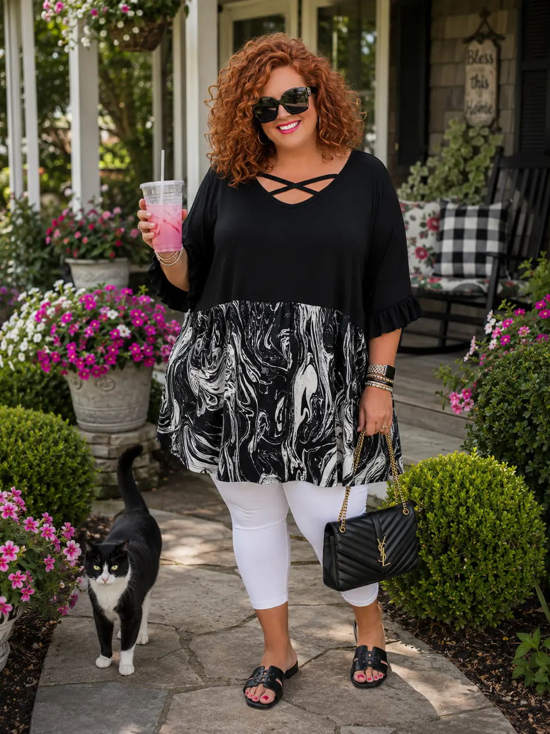 100 CP {Marble Effect} Black Marble Contrast Cross Neck Tunic EXTENDED PLUS SIZE 1X 2X 3X 4X 5X