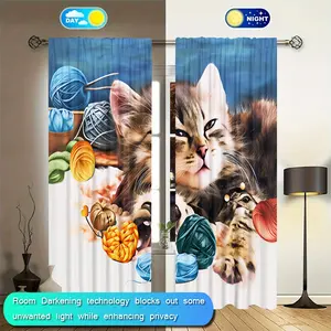 2-piece set of cute cat thread curtain, durable semi transparent polyester material curtain that can be washed, suitable for bedroom/living room/study, is an ideal choice for home decoration