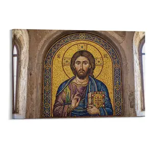 Byzantine Orthodox Jesus Christ Mosaic Icon - Arch - Shaped, Golden Halo/Cross/Book, Vibrant Blue/Purple Tiles, Religious Church Decor