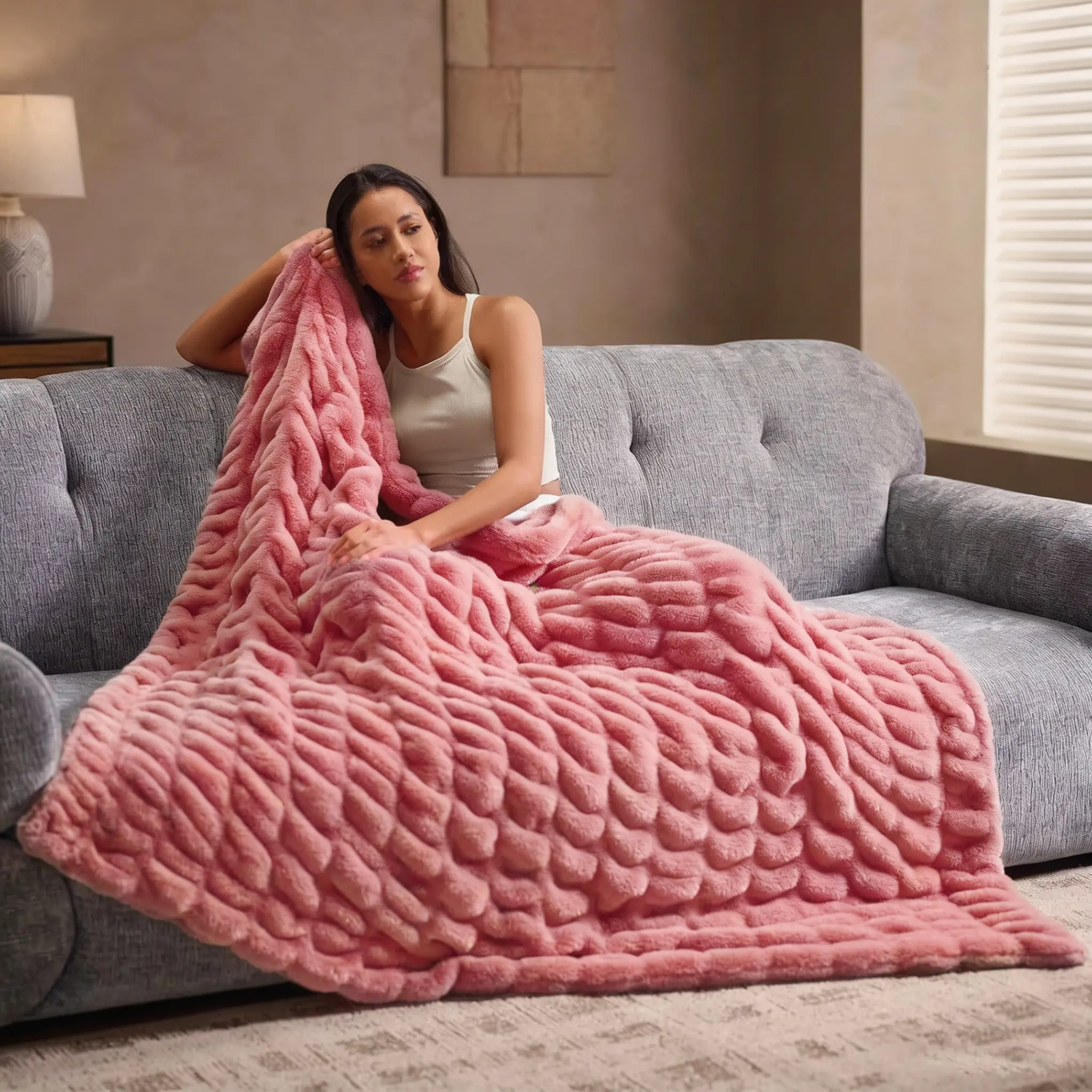 【backtoschool】ROSEKIND The Dreamer Blanket,1000 GSM Ultra Soft Ruched Design Blanket, Luxury Faux Rabbit Fur Throw Blanket,Machine Washable, Cozy Fluffy Blanket for Bed, Couch and comfy Sofa blankets,Anxiety Relief,Dupe,Oversized, Cozy,Fluffy Warmth Throw