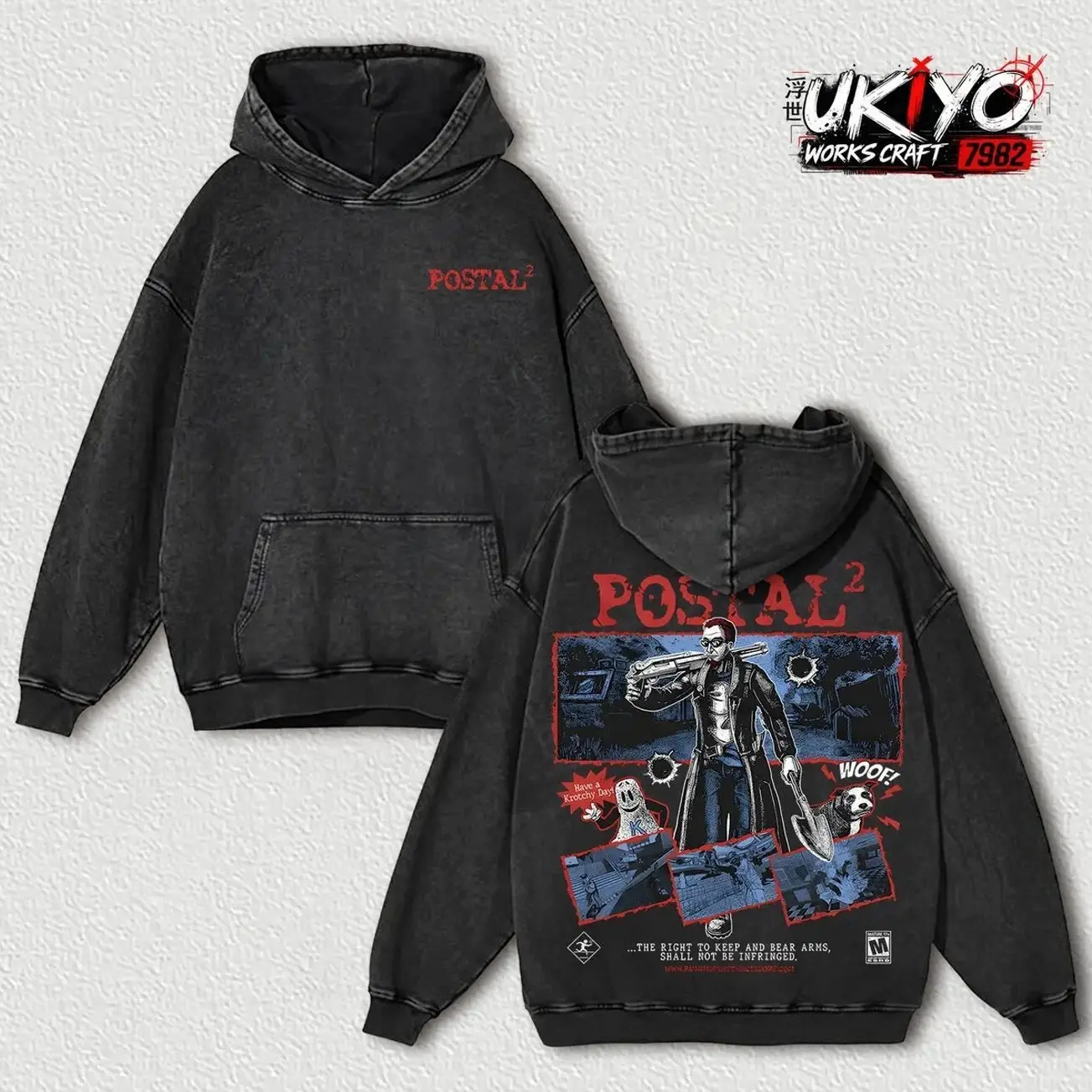 Postal 2 Video Game Merch Hoodie, Vintage Washed Charcoal Oversized Hooded Sweatshirt, Grunge Aesthetic Streetwear for Men Women, Retro Gamer Gift VTZ