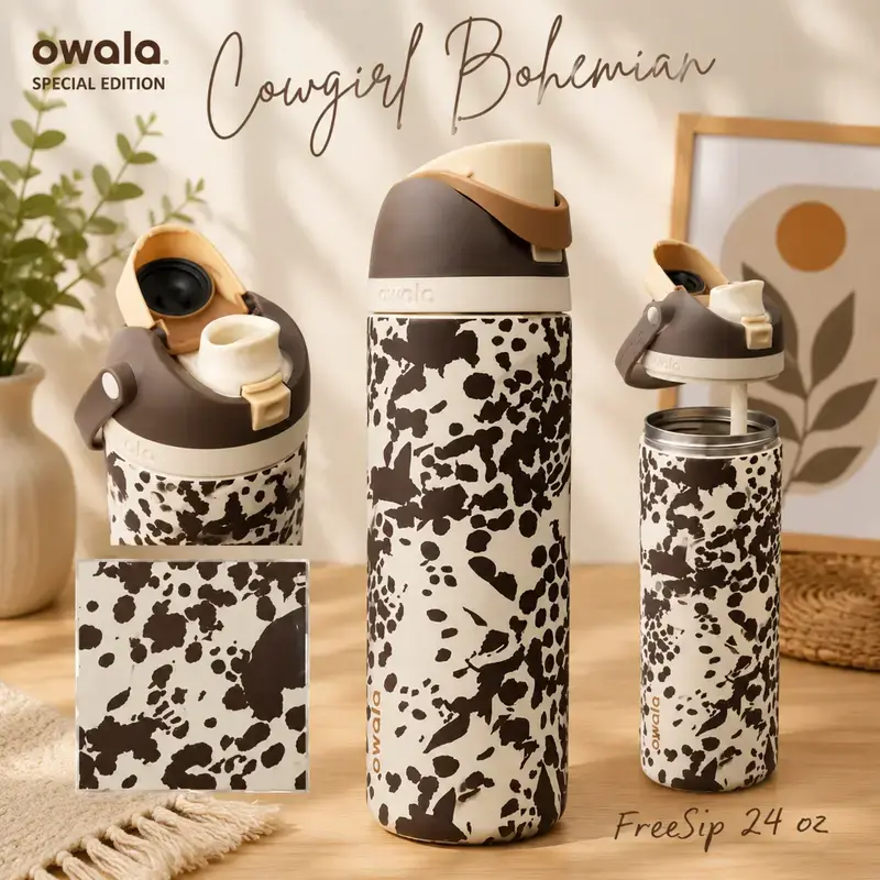 Owala FreeSip 32 oz Stainless Steel Water Bottle with Straw, Western Cow Print Brown & Cream Spot Insulated Gym Bottle