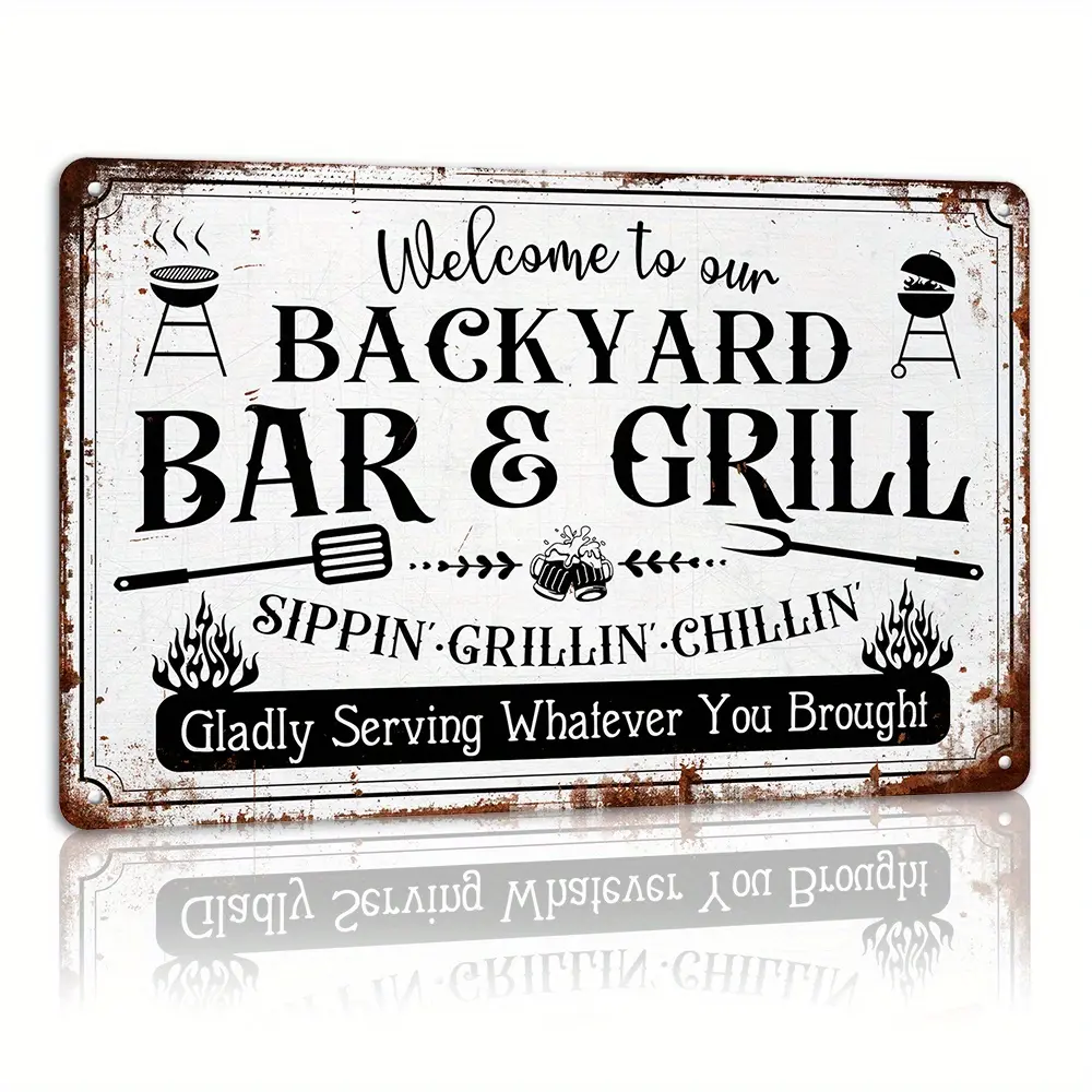 1count, Welcome To Our Backyard Bar And Grill Vintage Metal Tin Sign Wall Art BBQ Decor For Farmhouse Party Patio Deck Backyard Wall Decor Plaque 8x12 Inch