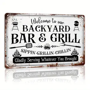 1count, Welcome To Our Backyard Bar And Grill Vintage Metal Tin Sign Wall Art BBQ Decor For Farmhouse Party Patio Deck Backyard Wall Decor Plaque 8x12 Inch