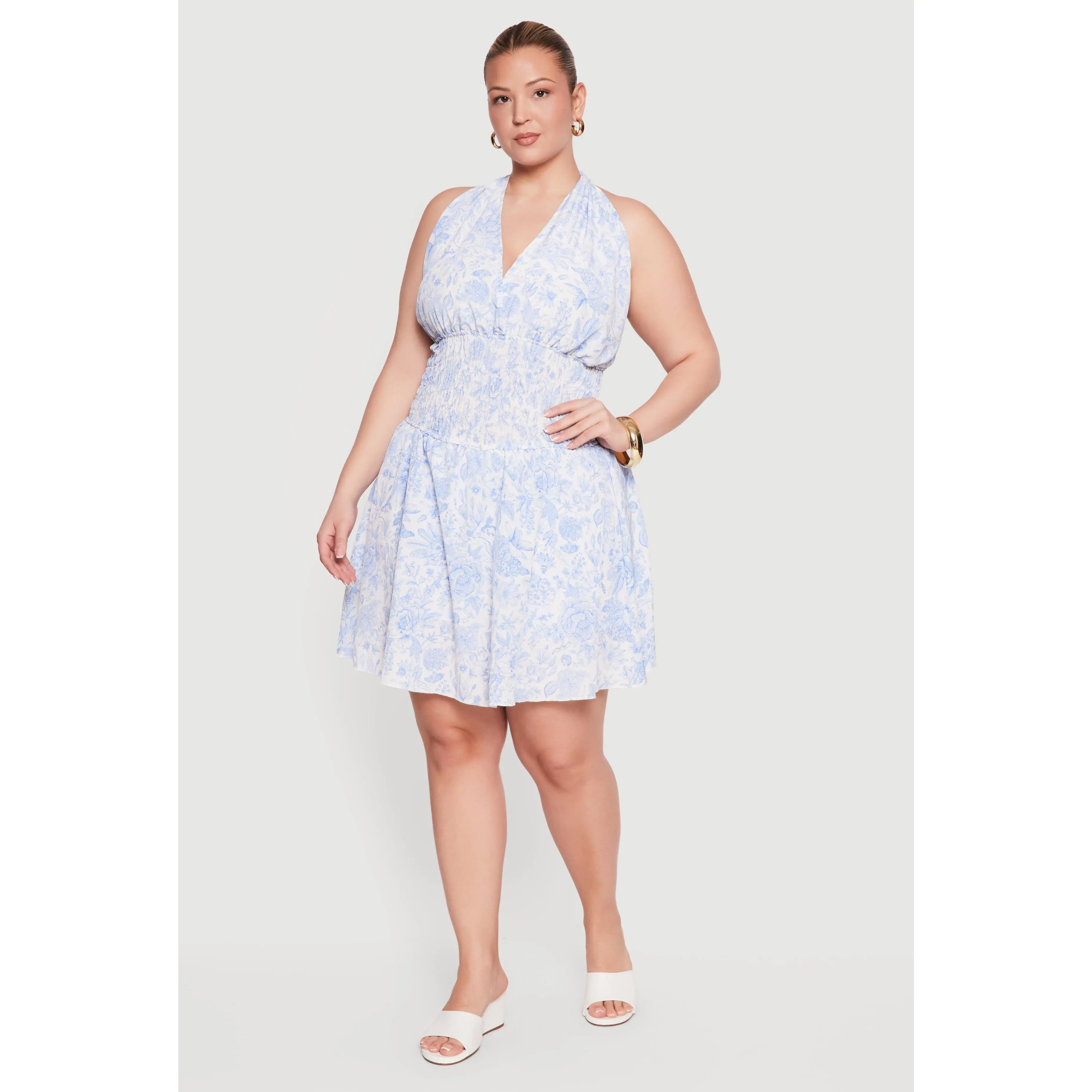 Plus Size Floral Print Smocked Waist Skater Dress with Shorts Lining