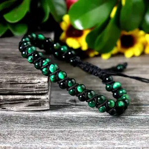 Evil Eye Protection Natural Stone Bracelet Green Tigers Eye 6mm Beads Double Braided Healing Charka Bracelet Magnetic for Men Women Jewelry