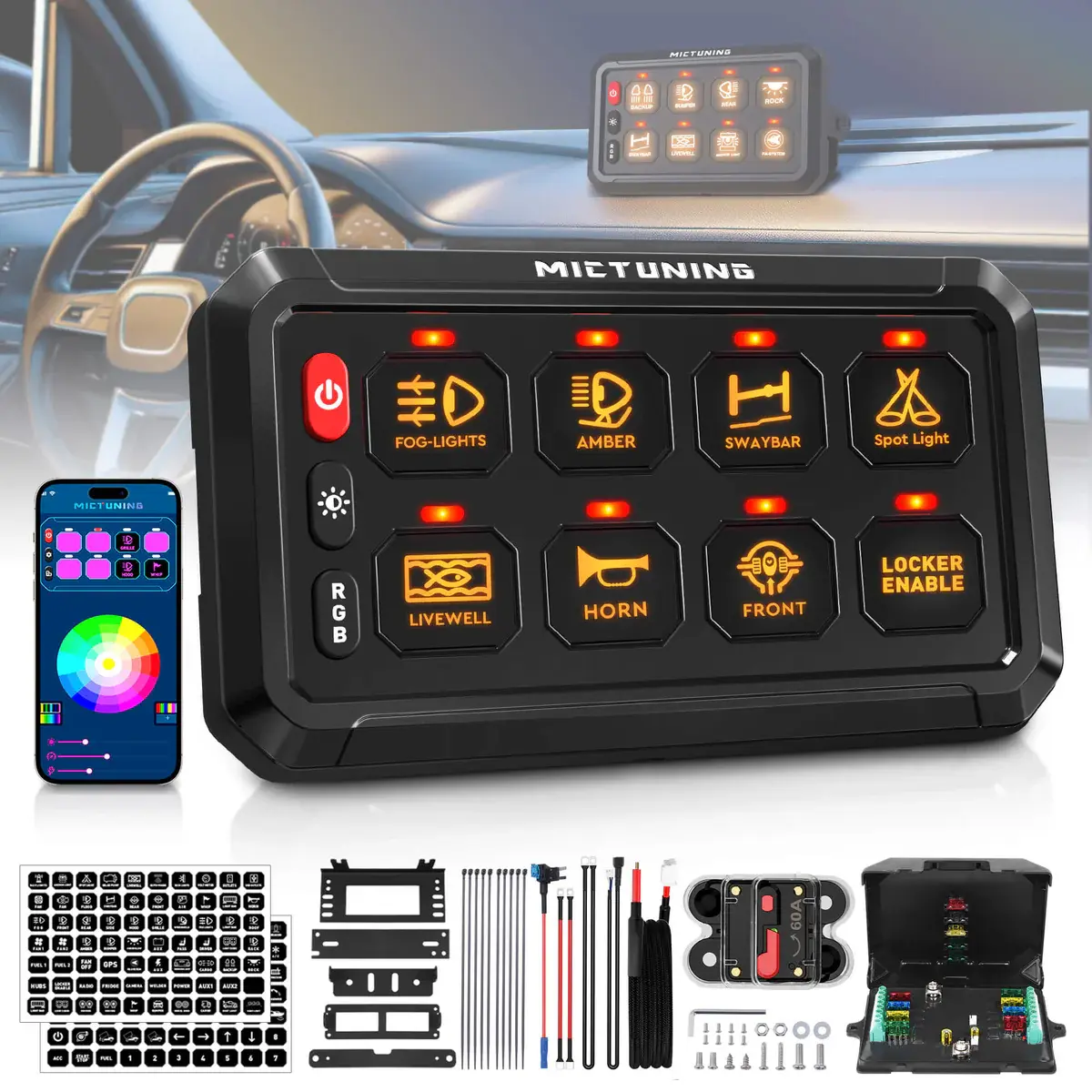 MICTUNING RGB 8/12 Gang Switch Panel with App Control, High-Power 5-Level Brightness Multifunction Toggle Switch Momentary Circuit Control Relay System Box, Waterproof for Trucks, Offroad Vehicles, Led Lights