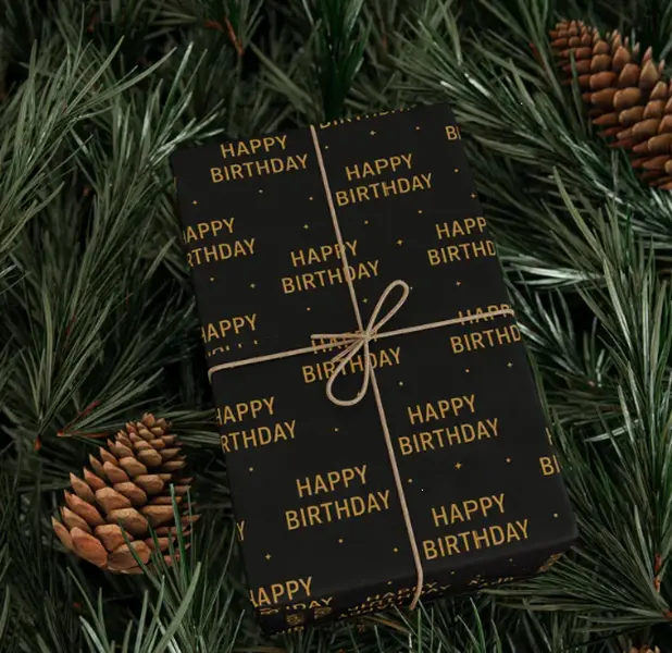 Happy Birthday Fine Art 90gsm Wrapping Paper Black and Gold Minimalist Festive Gift Wrap Elegant Modern Birthday Packaging