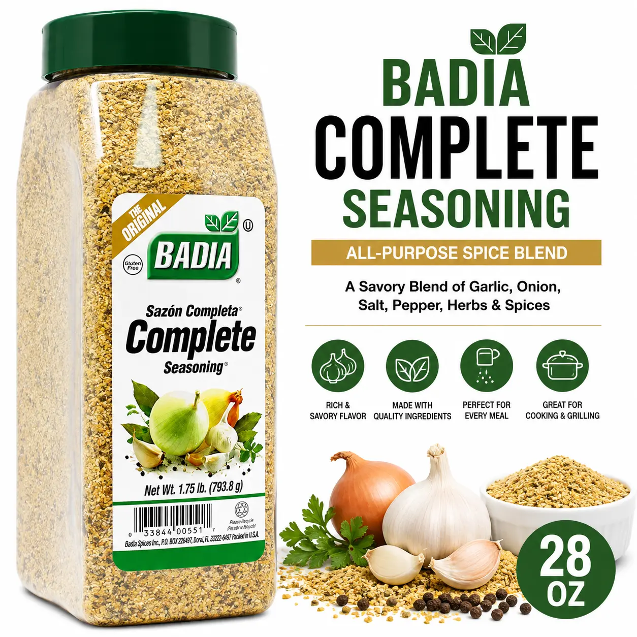 28oz, Badia Complete Seasoning - All-Purpose Spice Blend of Garlic, Onion, Salt, Pepper, Herbs & Spices - Savory Signature Blend