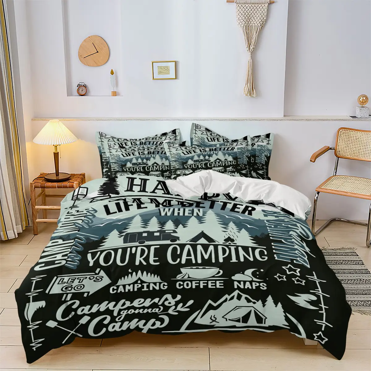 Three-Piece Bedding Set for Camping Includes 1 Quilt + 2 Pillowcases, Natural Theme Camping Life, Outdoor Bedroom Living Room Decor, Tent Bedding, Decorative Bedding Set, Bed Sets