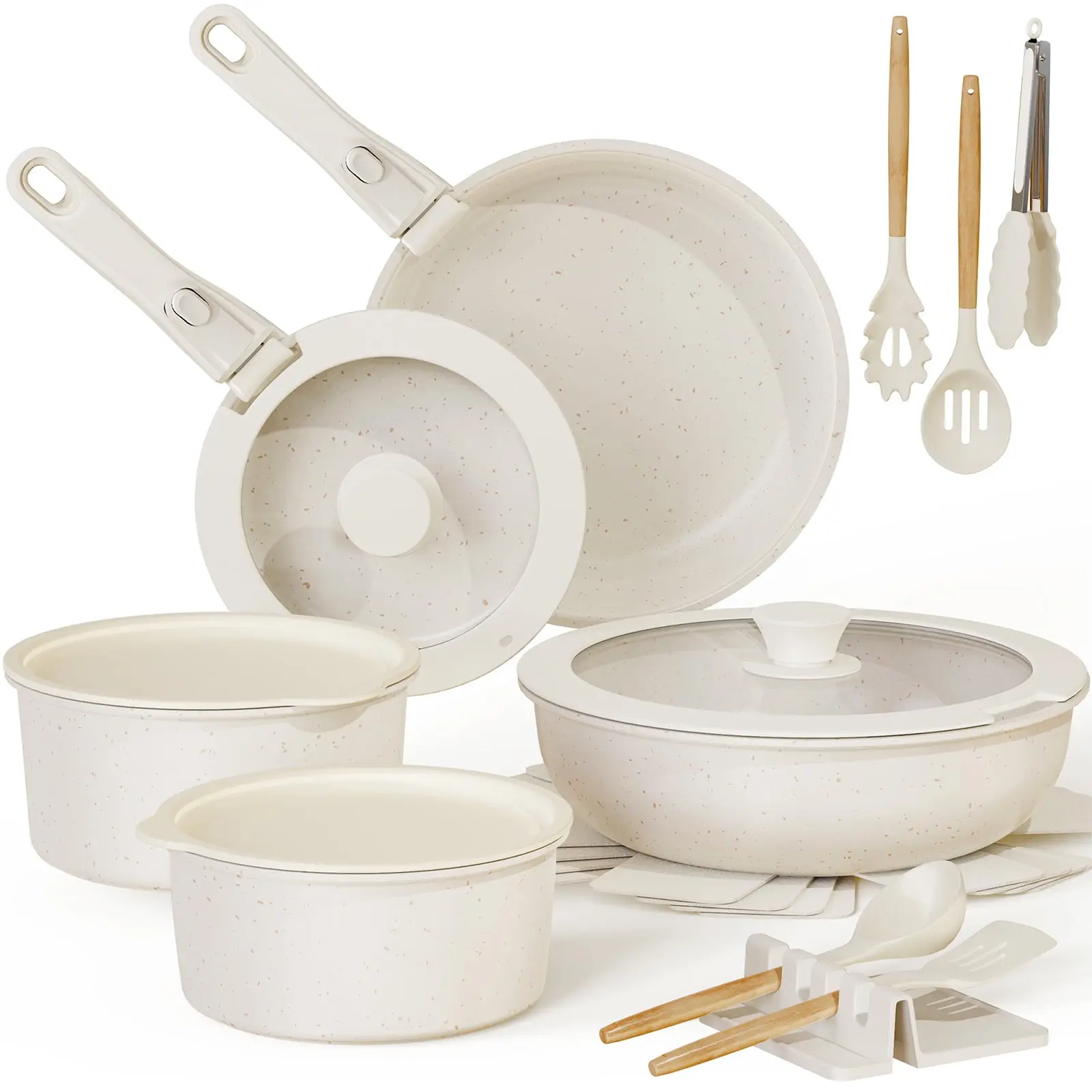 Astercook 20-Piece Pots and Pans Set, Ceramic Nonstick Cookware Set with Detachable Handles, Stackable Induction Cooking Set for Kitchen, RV and Camping, Dishwasher & Oven Safe, Cream White
