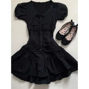 2000sSweetSlimT-shirtGothShortSleeve2PieceSetO-NeckPunkHarajukuKoreaVintageMiniSkirtDressesY2kHotGirlEmoLace2000sClothesWomenswearSuitGamisBasicCasual