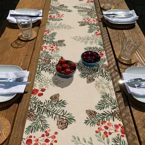Winter Pine Cone  Branch Berry Table Runner, Watercolor Botanical Tabletop Scarf  Kitchen  Decor, Christmas Farmhouse Holiday Rustic Burlap Dining Decorations Party  13 X90