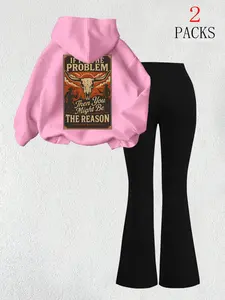 Women's Warm Sweatshirt Set + Slim Fit Flare Pants, Casual Letter Print, Fall & Winter, Comfortable Daily Wear