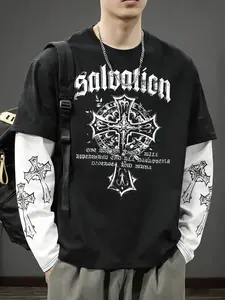 Gothic Redemption Cross Fake Two-Piece Loose T-Shirt, Vintage Street Style Men's Top, Y2K Punk Rock Long Sleeve, Religious Print Trendy Tee, Casual Streetwear Menswear Fashion