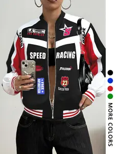 Street Life Racing Element Letter Print Contrast Color Drop Shoulder Flight Long Sleeve Jacket, Fit, Fall & Winter, Unisex Vintage Style