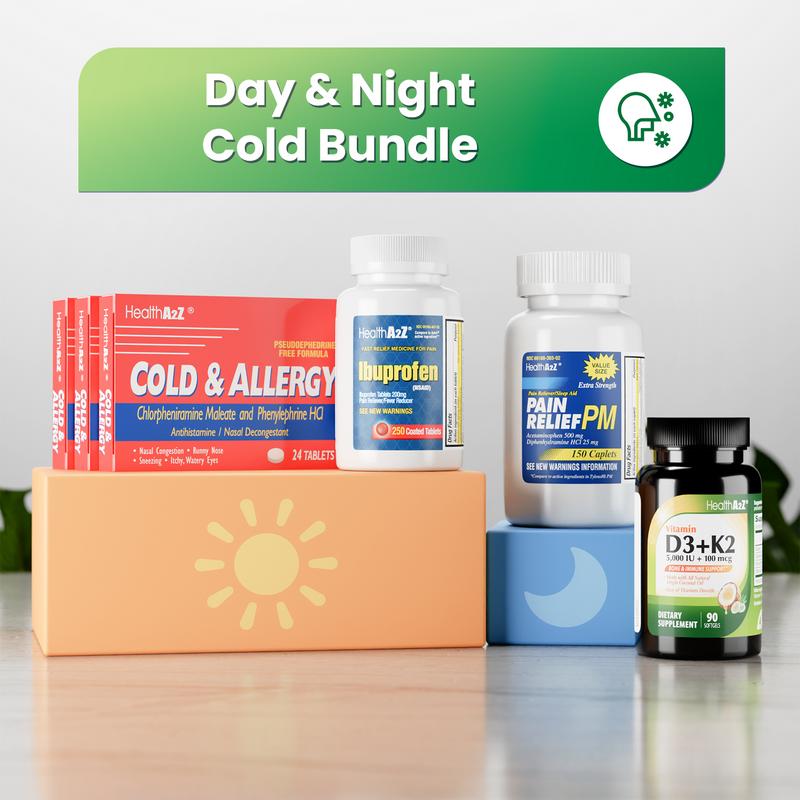 HealthA2Z Day & Night Cold Bundle | Cold & Allergy Chlorpheniramine + PE (72 Tablets, Pack of 1) + Ibuprofen (250 Tablets, Pack of 1) + Pain Relief PM Acetaminophen 500 mg (150 Caplets, Pack of 1) + Vitamin D3 + K2 (Coconut Oil) (90 Softgels, Pack of 1)