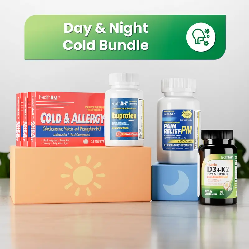 HealthA2Z Day & Night Cold Bundle | Cold & Allergy Chlorpheniramine + PE (72 Tablets, Pack of 1) + Ibuprofen (250 Tablets, Pack of 1) + Pain Relief PM Acetaminophen 500 mg (150 Caplets, Pack of 1) + Vitamin D3 + K2 (Coconut Oil) (90 Softgels, Pack of 1)
