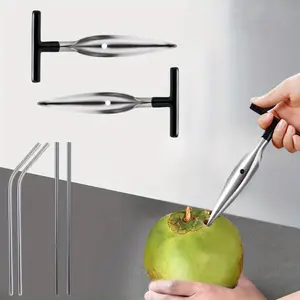 2 Pack Coconut Opener Tool Set with 4 Reusable Straws & 1 Brush, Food Grade Stainless Steel Coco Nut Bottle Opener for Young Thai Green Fresh Coconut Water, Safe and Convenient Coco Drill Punch Tool