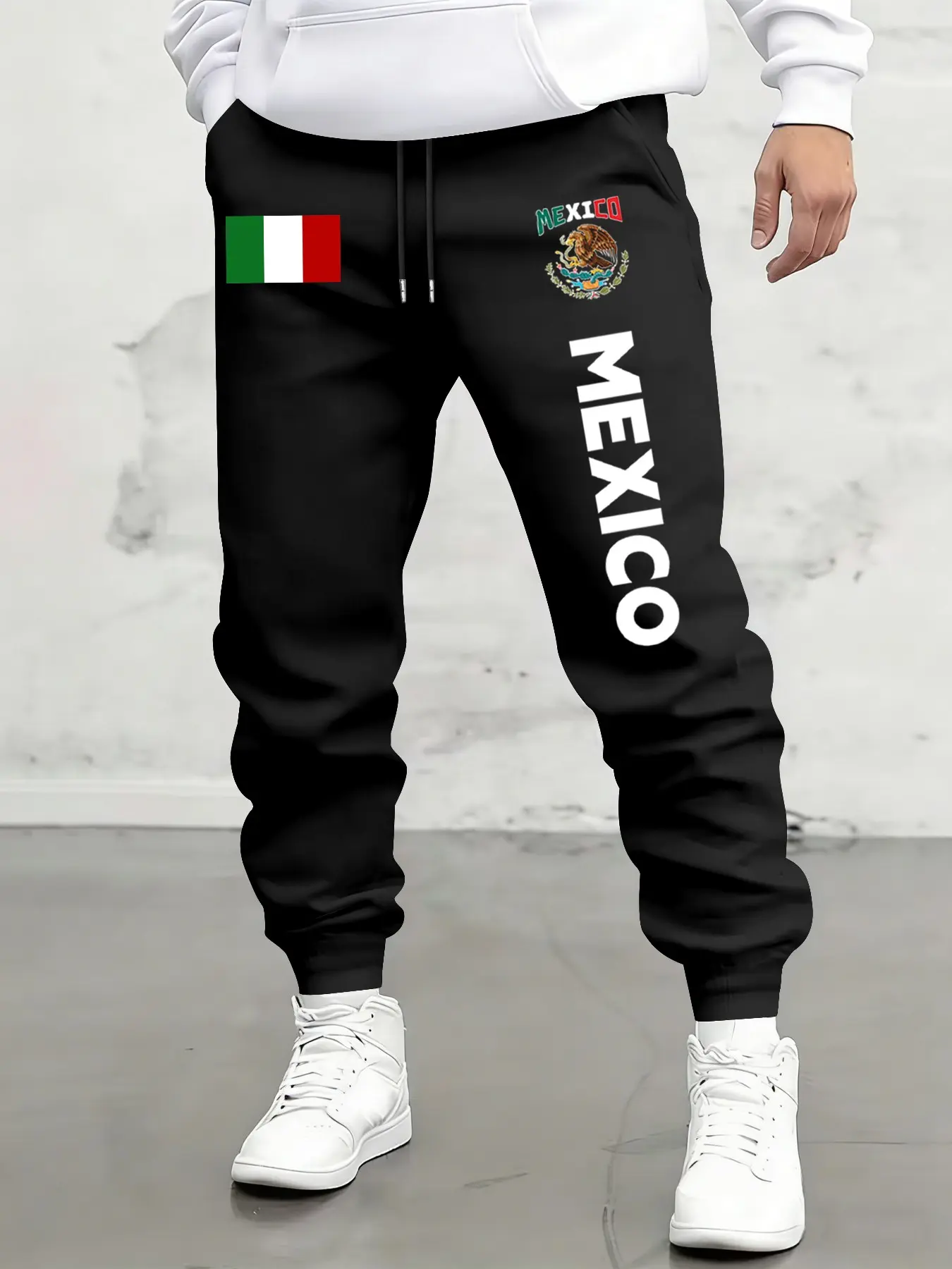 Men's Fashion Casual Sweatpants, Mexican Letter Flag Cultural Print Design, Drawstring Waist, Loose-Fitting Long Pants, All Seasons Wear, Menswear