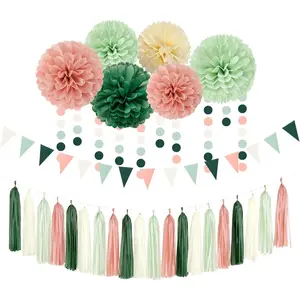 Sage-Olive Green -Beige Boho Party Decorations -23pcs Rustic Neutral Wedding Paper Tissue Pom Poms Streamers,Tassel Garland Banner,Birthday  Bridal Shower Engagement Decor
