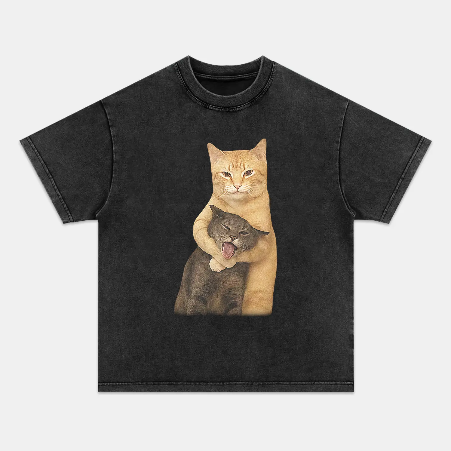 Unisex Distressed Wacky Cat Print T-Shirt - Vintage Ribbed Crew Neck, Regular Fit Cotton, Breathable Short Sleeve Streetwear Top (031801)