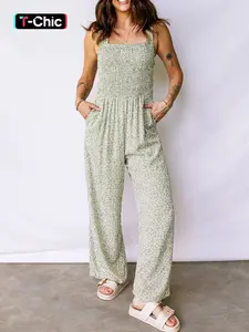 Summer Casual Ruched Top Square Neck Sleeveless Ditsy Floral Printed Long Pants Jumpsuit, Women's Fashion One-Piece, Comfortable and Stylish Outfit