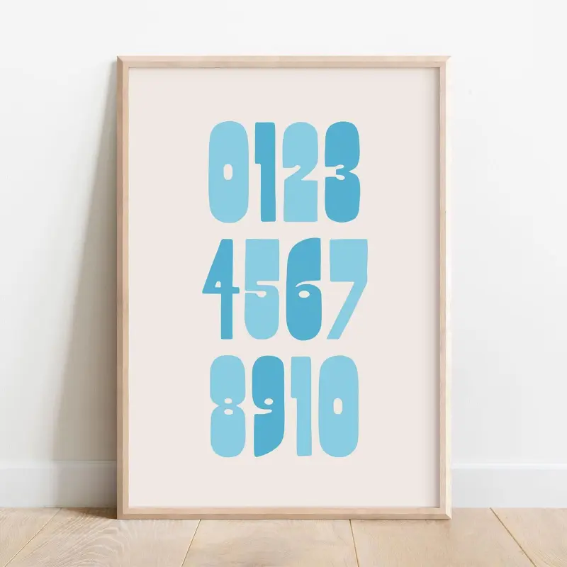 Kids Number Poster, Colorful Wall Art, Bold Nursery Decor, Bright Blue Playroom, Preschool Classroom, Funky Retro Bedroom, Learn to Count