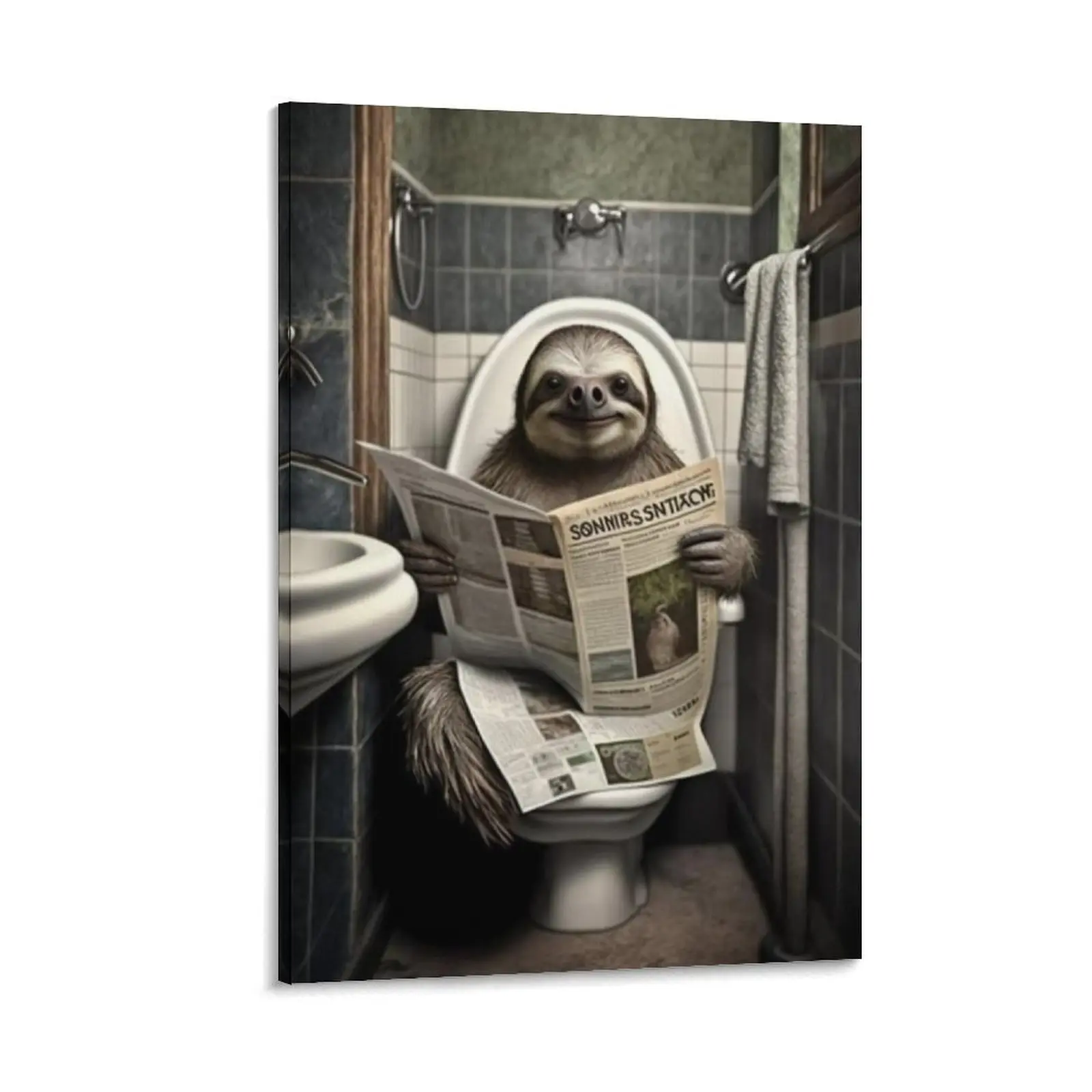 Funny Sloth Bathroom Canvas Wall Art Cute Sloth In Toilet Posters Black And White Animal Prints Painting Canvas Poster Bedroom Decor Sports Landscape Office Room Decor Gift Frames Ornaments