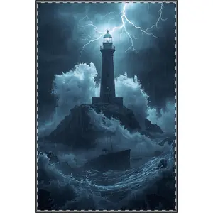 Stormy Lighthouse Satin Poster | Dramatic Ocean Lightning Nautical Wall Art