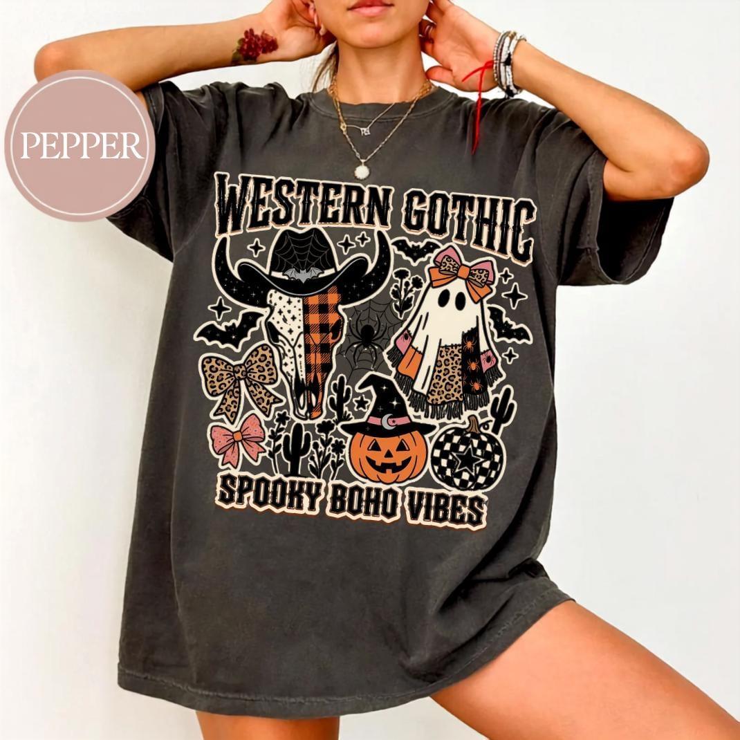 Comfort Colors Western Gothic T-Shirt, Spooky Boho Cowgirl Skull Halloween Graphic Tee for Women, Spooky Season Vintage Country Tee, Gift for Her
