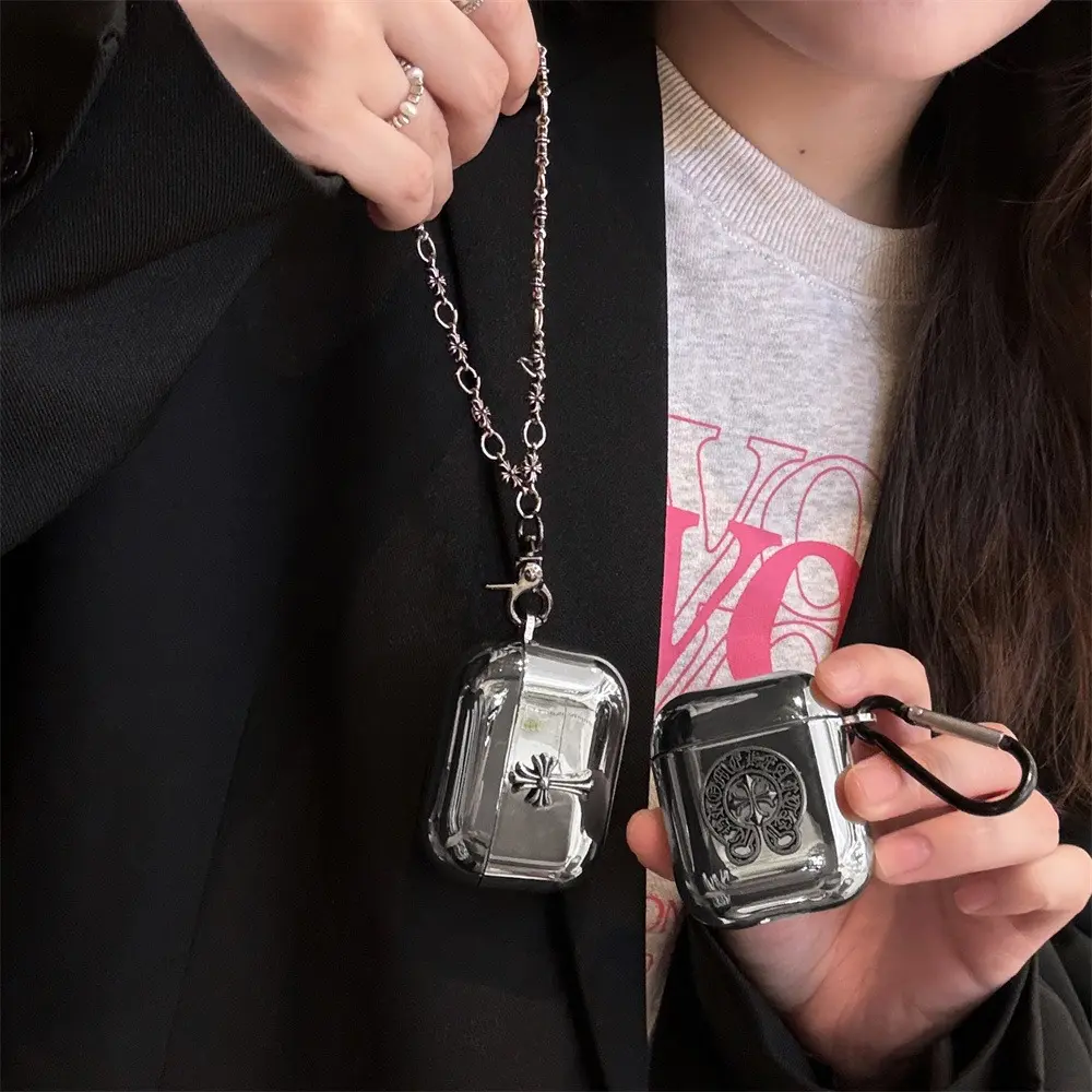 Y2K Dark Aesthetic Chrome Plated Earphone Case, Vintage Cross Logo Protective Shell for AirPods