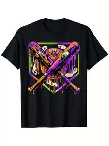 1Boys' for Halloween Baseball Style T-Shirt Featuring Graffiti Ball And Bat, Made of Summer with Short Sleeves And Crew Neck, Ideal Gifts for Halloween, Thanksgiving, And Christmas for Kids