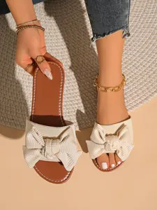 Women's Bowknot Design Slip on Sandals, Casual Comfortable Flat Sandals for Beach Vacation, Lightweight Breathable Sandals, Bowknot Accent