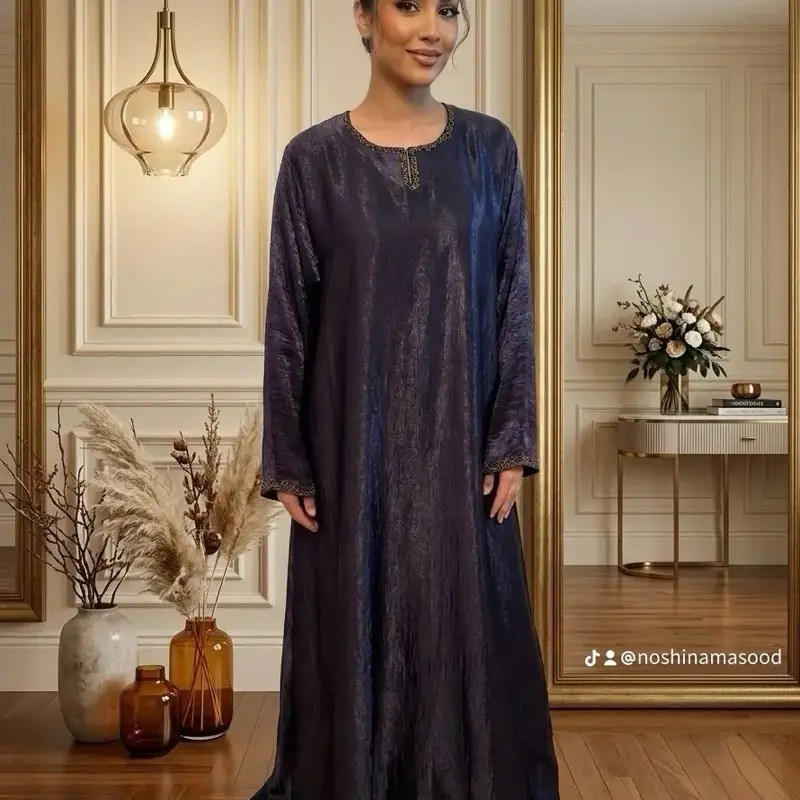 Light purple  Satin Abaya Kaftan with Rhinestone Greek Key Trim — Elegant Long Sleeve Maxi Dress, Luxury Evening Wear