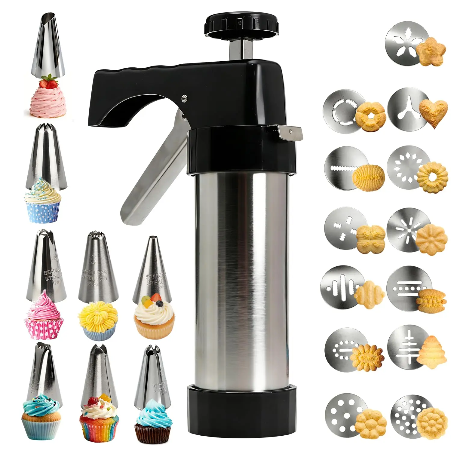 Stainless Steel Spritz Cookies Press Gun Kit - Holiday DIY Bakeware with 13 Interchangeable Discs, 8 Piping Tips for Multiple Shapes Desserts & Cake Icing, Reusable Baking Utensils