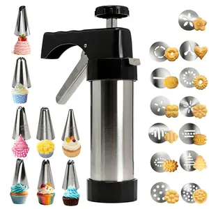 Cookies Press Gun Kit - Stainless Steel Spritz Cookies Press Set with 13 dISCE & 8 Piping Tips for Baking Desserts & Cake Icing Reusable Bakeware Utensils