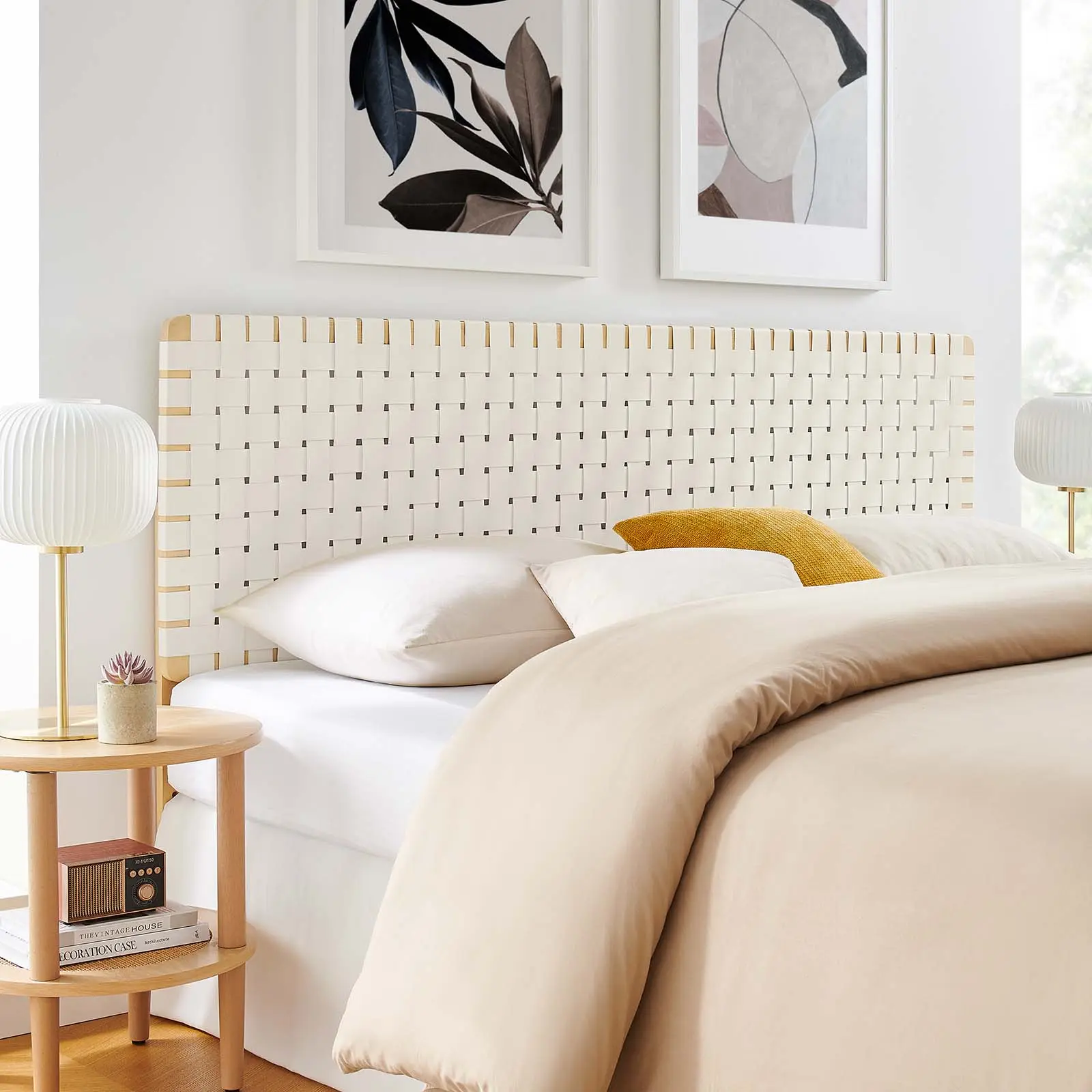 Modway Sparta Weave Adjustable King Vegan Leather Headboard, Natural Beige Indoor Furniture Headboard, Adjustable Headboard