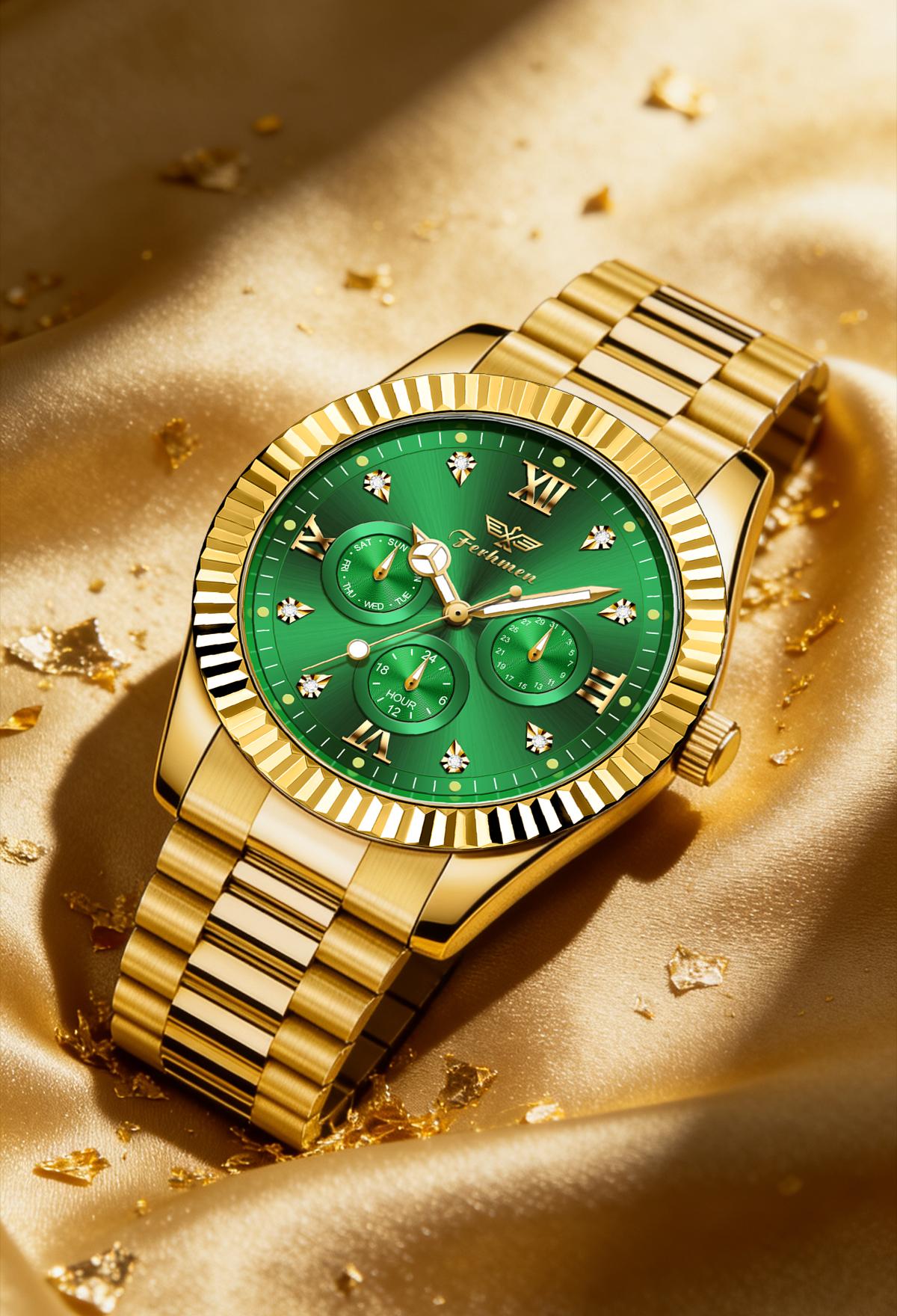 Ferhmen Men's Luxury Dress Watch, 41mm Gold Dial,Stainless Steel Band, Rotating Quartz Analog, relojhermoso, Waterproof & Lum, anniversary giftinous BigFace Wristwatch, Elegant Boss Style Watch