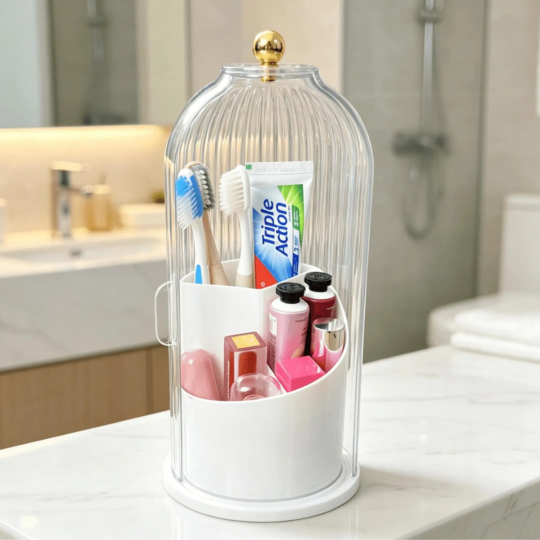 Minimalist 3-Slot Rotating Makeup Brush Organizer - Transparent Sliding Lid Protective Cover, 360-Degree Smooth Swivel Base, Compact Vanity Bathroom Counter Storage Boxes, Rotating Organizer Storage Boxes