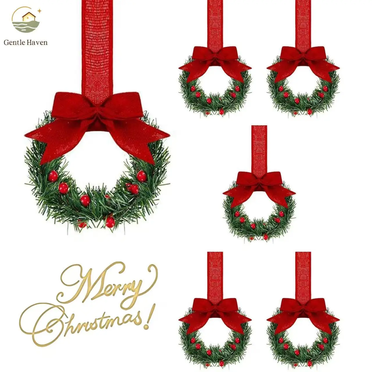 6 Pieces Mini Artificial Christmas Wreaths with Red Velvet Bows Red Berries Small Hanging Wreath Ornaments For Kitchen Cabinet Fireplace Window Farmhouse Xmas Home Decor
