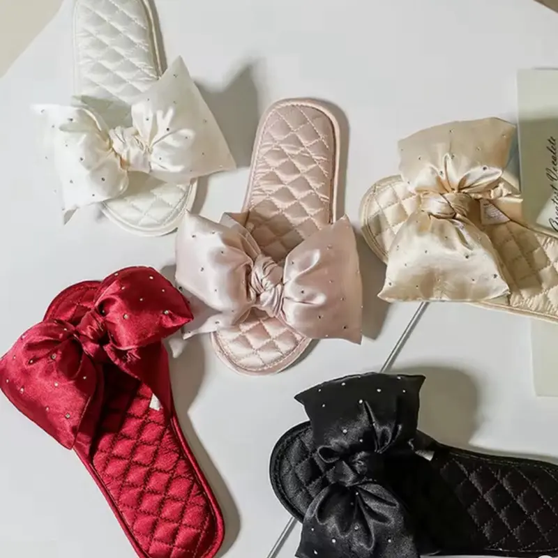 Women Slippers with Silk Bow and Rhinestones - Quilted Design in Red Pink Black & Cream Colors