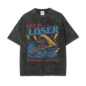 Men's Unisex Cotton Round Neck Oversized Washed T-Shirt - Christian Streetwear, Jonah and the Whale Graphic, "Get In Loser We're Doing God's Will" Verse, Faith Humor Fabric Style Religious Gift