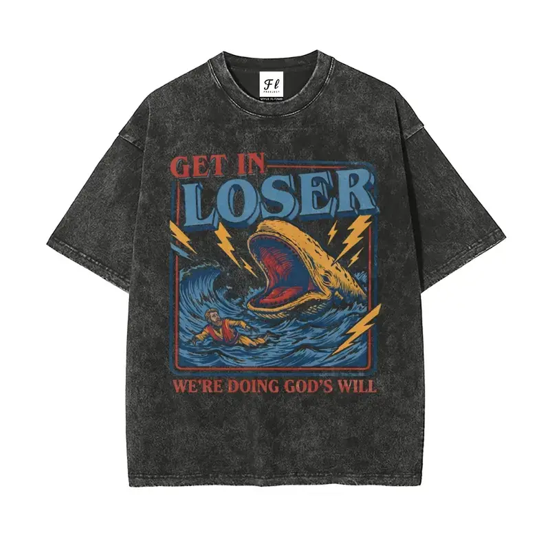 Men's Unisex Cotton Round Neck Oversized Washed T-Shirt - Christian Streetwear, Jonah and the Whale Graphic, "Get In Loser We're Doing God's Will" Verse, Faith Humor Fabric Style Religious Gift
